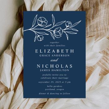 sketched floral navy wedding invitation