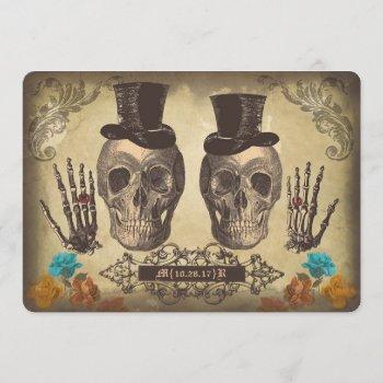 Small Skull Gay Couple Victorian Gothic Wedding Invite Front View