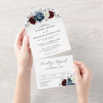 slate blue burgundy white ivory floral wedding  all in one invitation