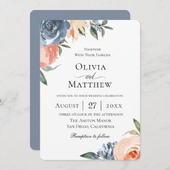 slate blue peach botanical wedding invitation