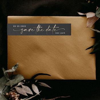 Small Sleek Romance | Gold Foil On Black Save The Date | Wrap Around Label Front View