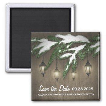 snow evergreen lantern wedding save the date magnet