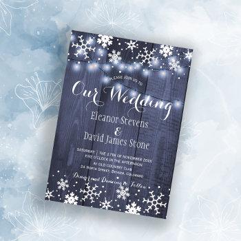 snowflakes barn blue wood winter rustic wedding invitation