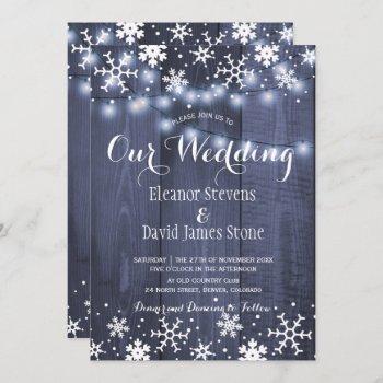 snowflakes barn blue wood winter rustic wedding invitation