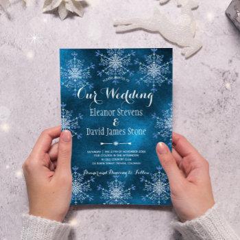 snowflakes elegant navy blue winter rustic wedding invitation