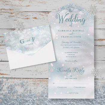snowflakes elegant script winter wedding all in one invitation