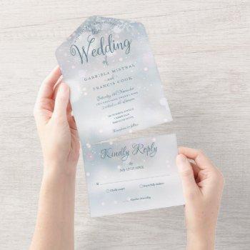 snowflakes elegant script winter wedding all in one invitation