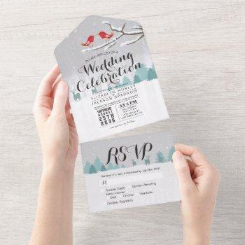Small Snowland Reindeer Couple Birds Winter Wedding Rsvp All In One Front View