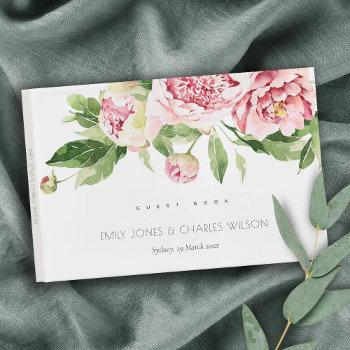 Small Soft Blush Green Peony Floral Watercolor Wedding Guest Book Front View