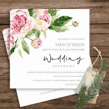 soft blush peony floral bunch watercolor wedding  invitation