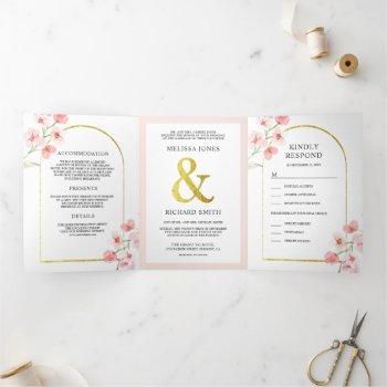 soft blush pink cherry blossom floral arch wedding tri-fold invitation