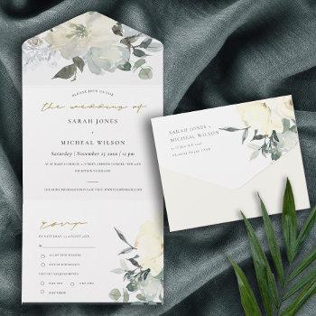 soft ivory white floral watercolor bunch wedding   all in one invitation