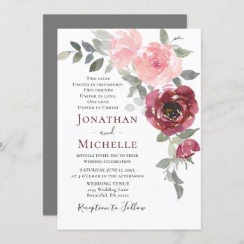 soft pink burgundy floral christian wedding invitation
