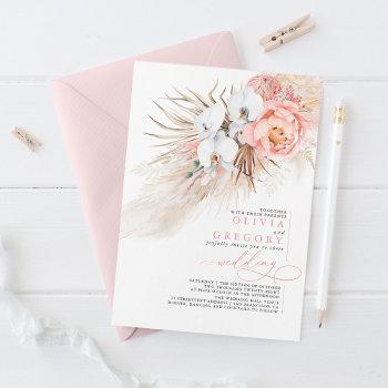 soft pink floral pampas grass tropical wedding invitation
