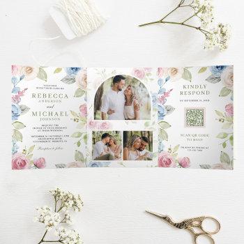 Small Soft Spring Floral All In One Qr Code Wedding Tri-fold Front View