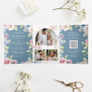 Small Soft Spring Floral Dusty Blue Qr Code Wedding Tri-fold Front View