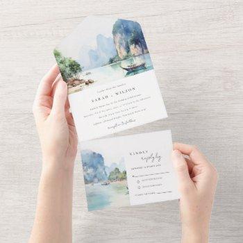 soft watercolor coastal thailand seascape wedding all in one invitation