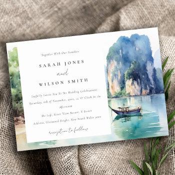 soft watercolor coastal thailand seascape wedding invitation