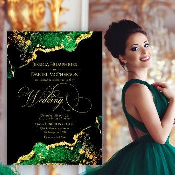sophisticated green bronze gold wedding invitation