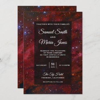 space nebula maroon galaxy wedding invitation