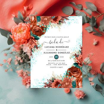 spanish coral and teal floral wedding invitation