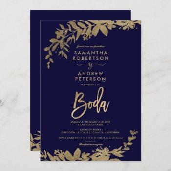 spanish gold leaf floral navy blue chic wedding invitation
