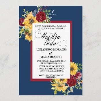 spanish wedding burgundy sunflower nuestra boda invitation
