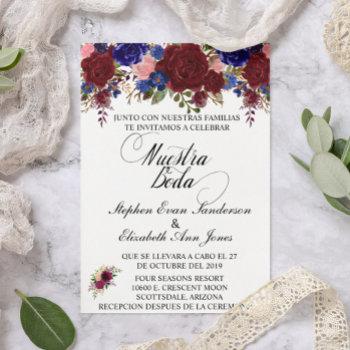 spanish wedding rose burgundy navy nuestra boda invitation