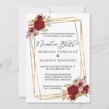 spanish wedding rose burgundy  nuestra boda gold invitation