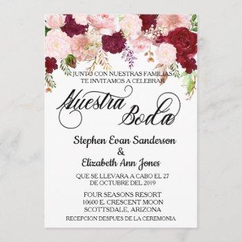 spanish wedding rose burgundy pink nuestra boda invitation