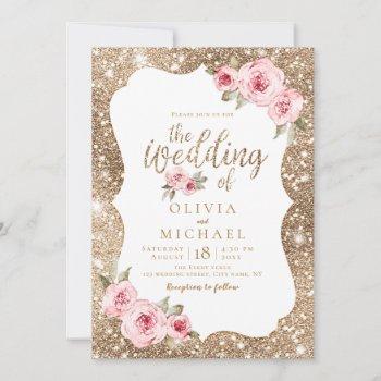 sparkle gold glitter and pink floral wedding invitation