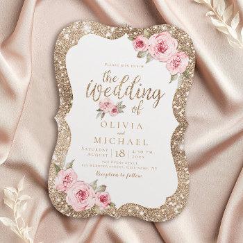 sparkle gold glitter and pink floral wedding invitation