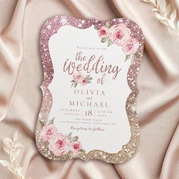 sparkle rose gold glitter and floral wedding invitation