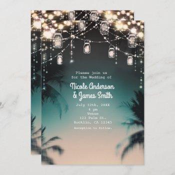 sparkling lights palm trees elegant beach wedding invitation