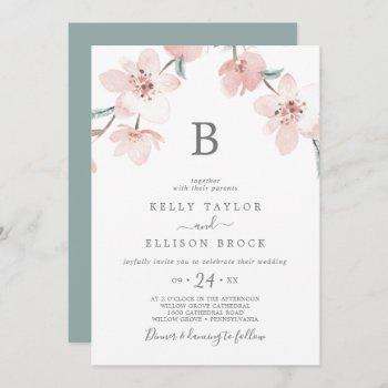 spring cherry blossom monogram wedding invitation
