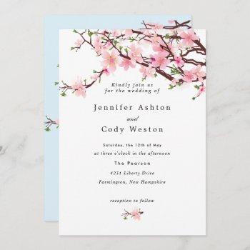 spring cherry blossoms pale pink blue wedding invitation
