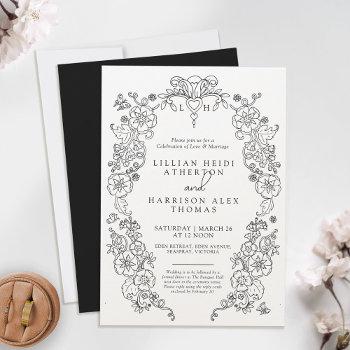 spring fleur de lis wedding black white art invitation
