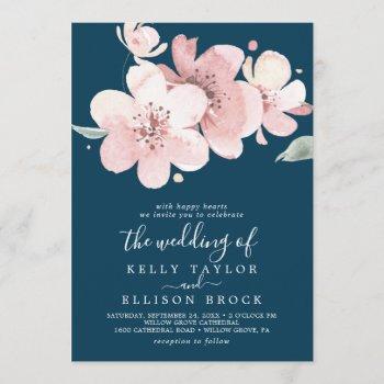 spring large cherry blossom | navy wedding invitation
