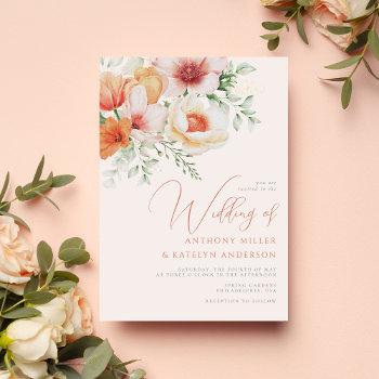 spring watercolor peach coral floral wedding invitation