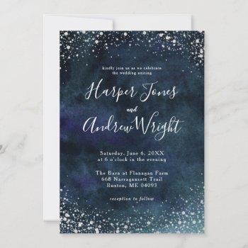 starry night navy blue silver glitter wedding invitation