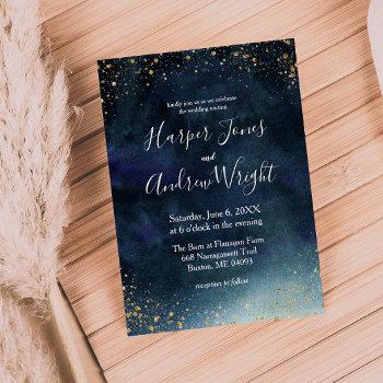 starry night navy gold watercolor wedding invitation