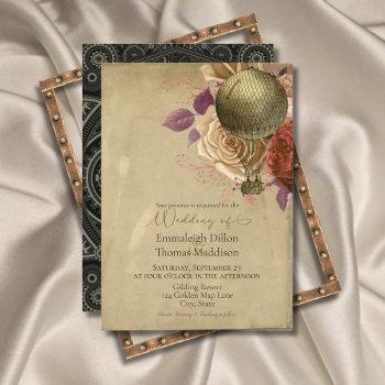 steampunk golden hot air balloon floral wedding invitation