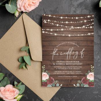 string lights eucalyptus & burgundy floral wedding invitation
