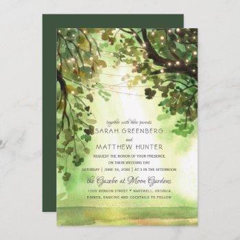 string lights forest trees path rustic wedding invitation