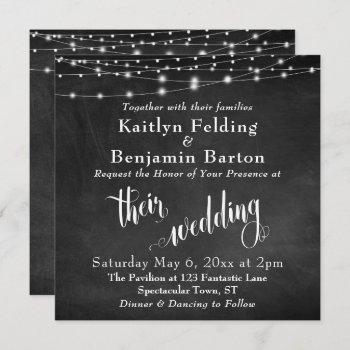 string lights on chalkboard typography wedding invitation
