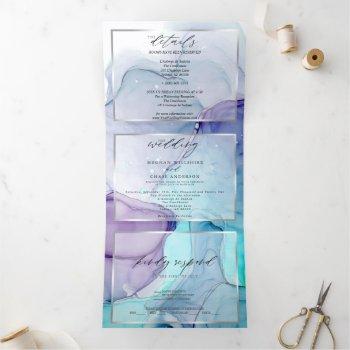 Small Stunning Aqua Violet Abstract Ink Tri-fold Invitat Front View