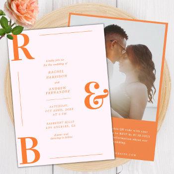 Small Stylish Pink And Orange Monogram Qr Code Wedding Front View