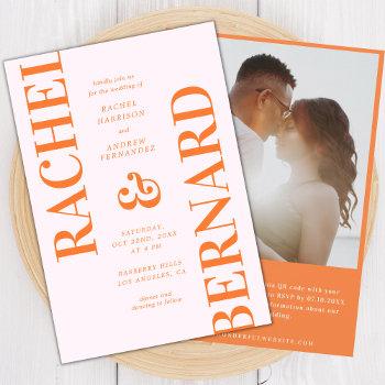 stylish pink and orange typography qr code wedding invitation