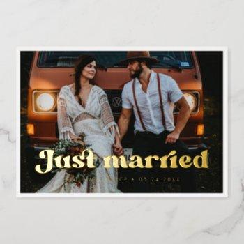 Small Stylish Retro Just Married Gold Foil Photo Front View