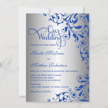 stylish royal blue and silver swirls wedding invitation